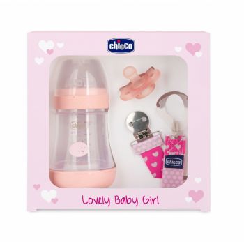 Set cadou Lovely Baby Boy biberon suzeta lantisor roz 0luni+ Chicco de firma original