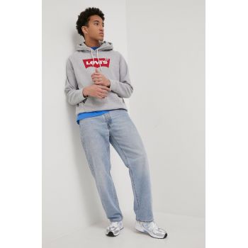Levi's hanorac de bumbac barbati, culoarea gri, cu glugă, cu imprimeu