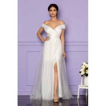 Rochie de ocazie din tull cu crepeu pe picior Celebre Alba