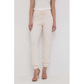 Morgan pantaloni femei, culoarea bej, jogger, high waist