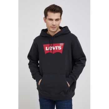 Levi's hanorac de bumbac barbati, culoarea negru, cu glugă, cu imprimeu