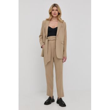 Custommade pantaloni femei, culoarea maro, drept, high waist
