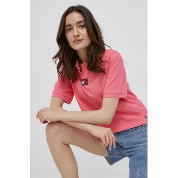 Tommy Jeans tricou din bumbac culoarea roz, cu guler