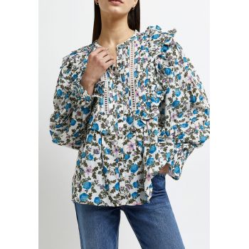 Bluza cu guler tunica - imprimeu floral si volane ieftina