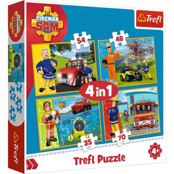Set puzzle 4 in 1 Trefl Fireman Sam, Pompierul Sam in ajutor, 1x35 piese, 1x48 piese, 1x54 piese, 1x70 piese