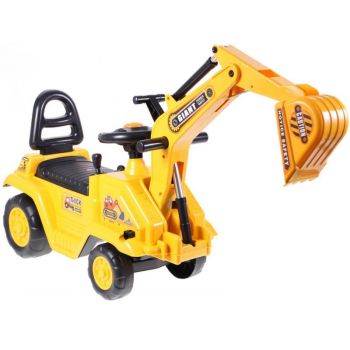 Excavator copii fara pedale Malplay Rutschauto Galben actionat cu picioarele, cupa mobila, spatiu depozitare, greutate maxima suportata 25 kg