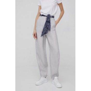 Emporio Armani pantaloni femei, culoarea gri, lat, high waist ieftina