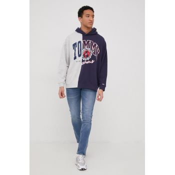 Tommy Jeans hanorac de bumbac barbati, culoarea albastru marin, melanj ieftin