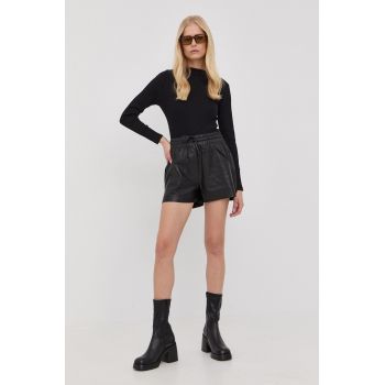 AllSaints pantaloni scurti de piele femei, culoarea negru, neted, high waist