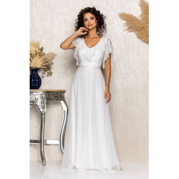 Rochie de ocazie din voal cu glitter si decolteu cu volane Cinderella Alba