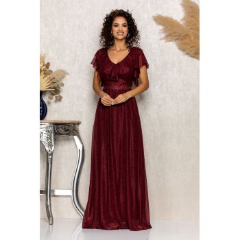 Rochie de ocazie din voal cu glitter si decolteu cu volane Cinderella Bordo