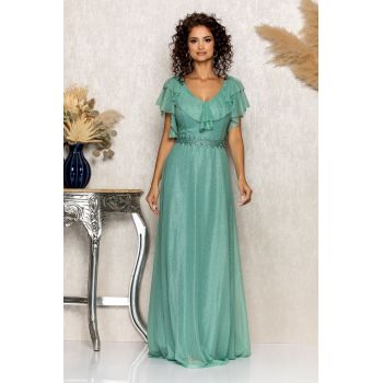 Rochie de ocazie din voal cu glitter si decolteu cu volane Cinderella Vernil