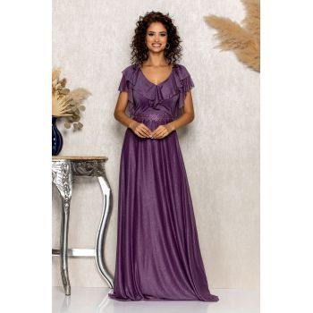 Rochie de ocazie din voal cu glitter si decolteu cu volane Cinderella Violet