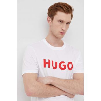 HUGO tricou din bumbac bărbați, culoarea alb, cu imprimeu, 50467556