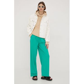 Pieces pantaloni femei, culoarea verde, lat, high waist
