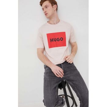 HUGO tricou din bumbac culoarea roz, cu imprimeu
