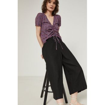 Medicine pantaloni din in femei, culoarea negru, lat, high waist
