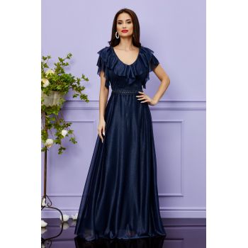 Rochie de ocazie din voal cu glitter si decolteu cu volane Cinderella Bleumarin