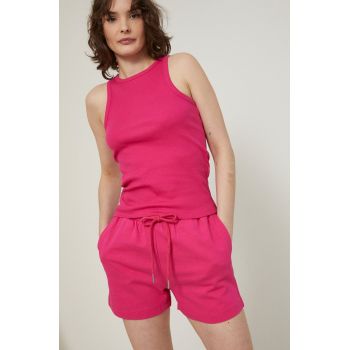 Medicine pantaloni scurti din bumbac femei, culoarea roz, neted, high waist