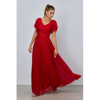 Rochie de ocazie din voal cu glitter si decolteu cu volane Cinderella Rosie