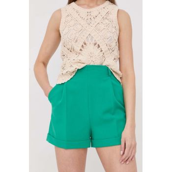 Nissa pantaloni scurti femei, culoarea verde, neted, high waist