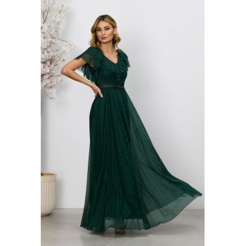 Rochie de ocazie din voal cu glitter si decolteu cu volane Cinderella Verde