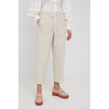 Marc O'Polo pantaloni din amestec de in femei, culoarea bej, drept, high waist ieftina