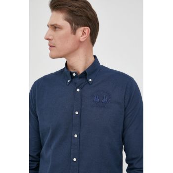 La Martina camasa din amestec de in barbati, culoarea albastru marin, cu guler button-down, slim