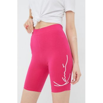 Karl Kani pantaloni scurți femei, culoarea roz, cu imprimeu, high waist KW2210371-pink