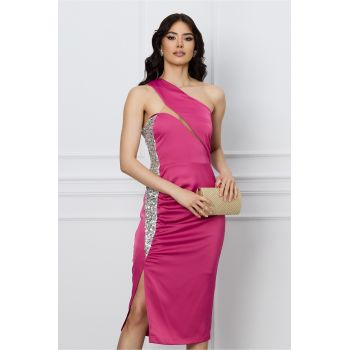 Rochie Moze fucsia cu paiete si crepeu lateral ieftina
