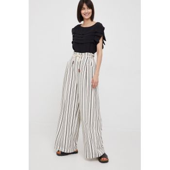 Sisley pantaloni femei, culoarea bej, drept, high waist