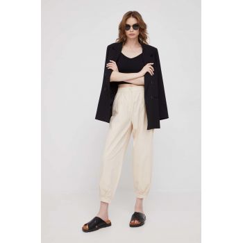 Sisley pantaloni femei, culoarea bej, lat, high waist