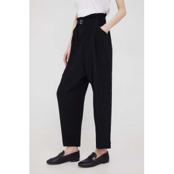 Sisley pantaloni femei, culoarea negru, drept, high waist