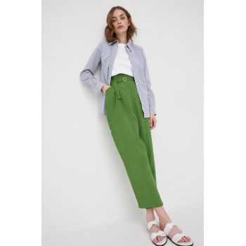 Sisley pantaloni femei, culoarea verde, drept, high waist