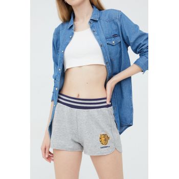 Superdry pantaloni scurti femei, culoarea gri, cu imprimeu, high waist ieftini