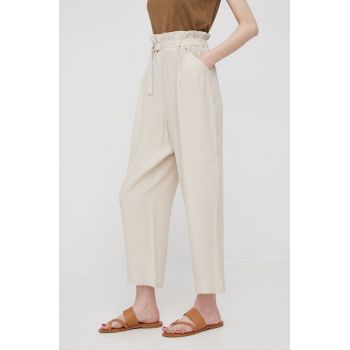 Sisley pantaloni femei, culoarea bej, drept, high waist