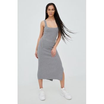 Superdry rochie din amestec de in culoarea gri, midi, mulata de firma originala