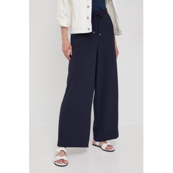 Dkny pantaloni femei, culoarea albastru marin, lat, high waist