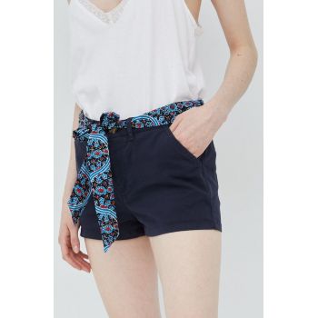 Superdry pantaloni scurti femei, culoarea albastru marin, neted, medium waist