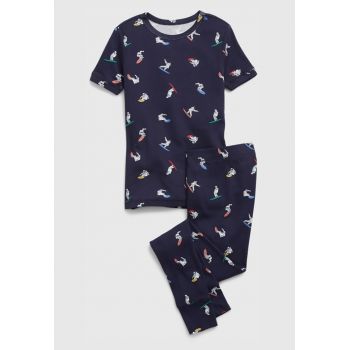 Pijama de bumbac organic cu imprimeu si maneci scurte