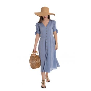 Rochie cu decolteu in V - nasturi si model floral Roza
