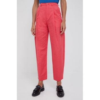 Drykorn pantaloni de bumbac femei, culoarea roz, lat, high waist