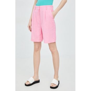 Only pantaloni scurti din in femei, culoarea roz, neted, high waist