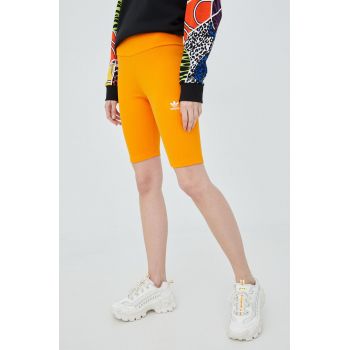 adidas Originals pantaloni scurti Adicolor HF7483 femei, culoarea portocaliu, cu imprimeu, high waist