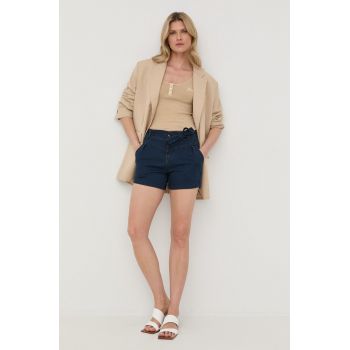 Morgan pantaloni scurti jeans femei, culoarea albastru marin, neted, high waist de firma originali