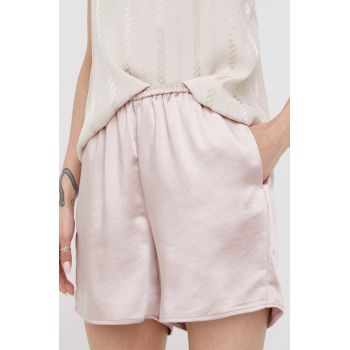Sisley pantaloni scurti femei, culoarea roz, neted, high waist ieftini