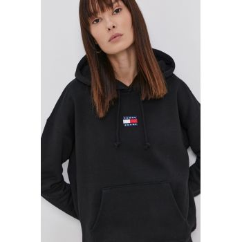 Tommy Jeans Hanorac de bumbac femei, culoarea negru, cu imprimeu la reducere