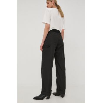 Herskind pantaloni femei, culoarea negru, lat, high waist