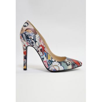Pantofi din piele cu toc stiletto si imprimeu Pantofi din piele cu toc stiletto si imprimeu