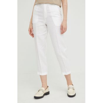 United Colors of Benetton pantaloni din in femei, culoarea alb, drept, high waist